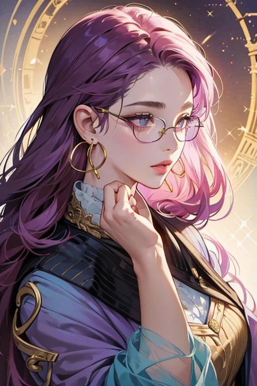 She has a lavender . She has teal fins
, she wears a tattered dark burgundy shawl tied in the front. On her upper body she has a bunch of warts throughout her whole face, pinkish-purple dried out lips, wrinkled under-eyes, a pair of glasses lined with a gold rim with gold hoop earrings, and light blue lenses. SPARKLE; GLITTER
