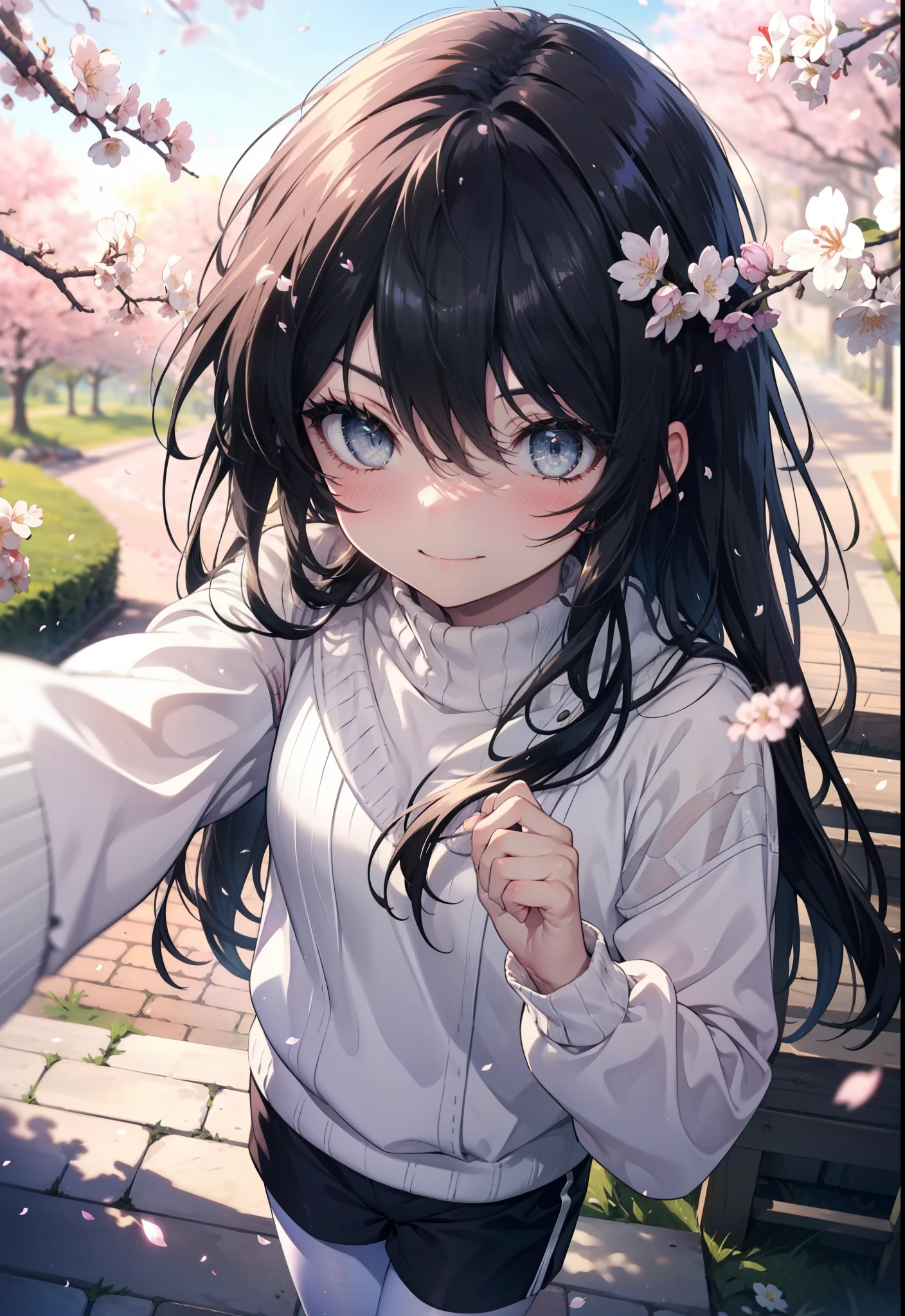 Shana,灼眼のShana,Long Hair,Black Hair, Black eyes Small breasts,smile,blush,White Sweater,Shorts,Black pantyhose,Mini Boots,Cherry blossom tree-lined path,Cherry blossoms are blooming,Cherry blossoms are scattered,morning,morning陽,The sun is rising,Looking down from above,
break looking at viewer, (Cowboy Shot:1. 5)
break outdoors, garden,
break (masterpiece:1.2), highest quality, High resolution, unity 8k wallpaper, (figure:0.8), (Detailed and beautiful eyes:1.6), Highly detailed face, Perfect lighting, Extremely detailed CG, (Perfect hands, Perfect Anatomy),