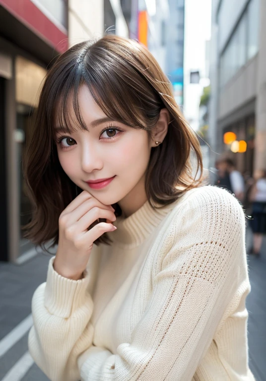 Tabletop, highest quality, figure, Very detailed, In detail, High resolution, 8k wallpaper, Perfect dynamic composition, Beautiful fine details, Women's fashion,Very short hair,small breast natural color lip, Bold sexy pose,smile,Harajuku、20-year-old girl、cute、sexy shot looking at camera、Knitted sweater