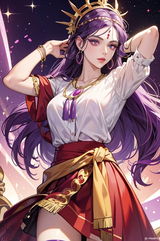 Madame Kassandra has light purple skin and dark purple hair. She has one purple eye and one green eye. She wears a red headband, a white shirt, a clam necklace, a red skirt tied around her waist, and a lot of gold jewelry with purple jewels. SPARKLE; GLITTER