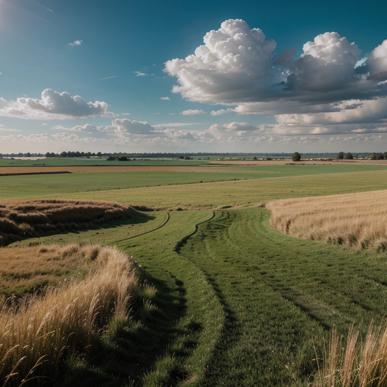 wide endless grass fields with clouds