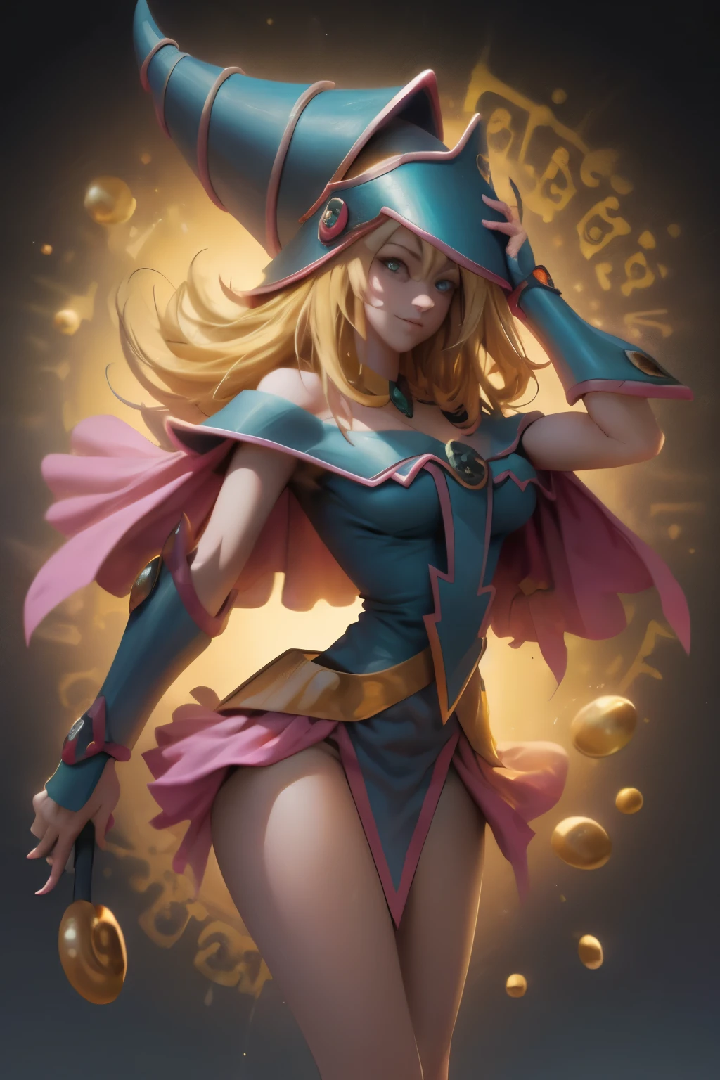(8k,fotorrealista raw photography the highest quality;1.4) (1chica en) Super belleza (cara realista) cuerpo femenino (Rubia de rizos largos) Hold a black and red magic wand Escena de combate Magic hat with black and gold exterior Beautiful expression Deslumbramiento (Piel de aspecto real) (Giles magos oscuros) tentador super high resolution Un hiperrealista Alto detalle foto de cuerpo completo restos