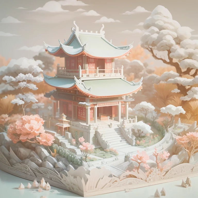 There is a paper cutout of a pagoda in the middle of the field, Popular Japanese 3D Ultra Detailed, Beautiful rendering of the Tang Dynasty, Pagoda Figures, Asian Ultra Detailed, 3D rendering style, Japanese 3D 8K Ultra Detailed, Behance 3D Art Trends, Behance 3D Art Trends