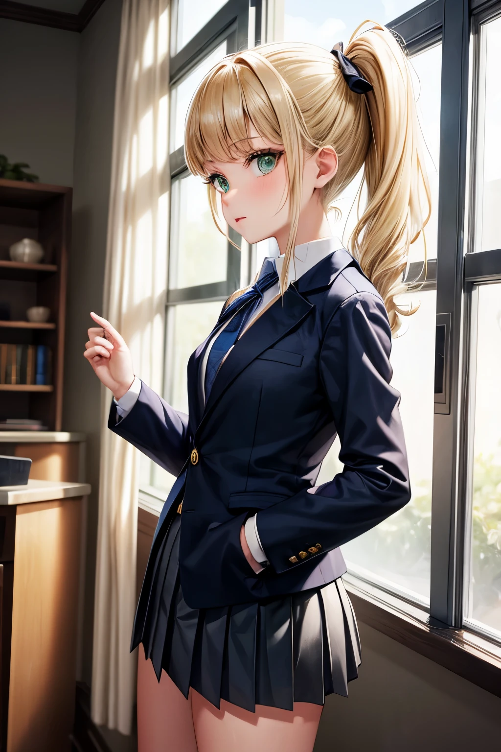 18 yo school girl, dark navy blazer, pleated mini skirt, blonde ponytail, green eyes, cowboy shot, standing, white socks,