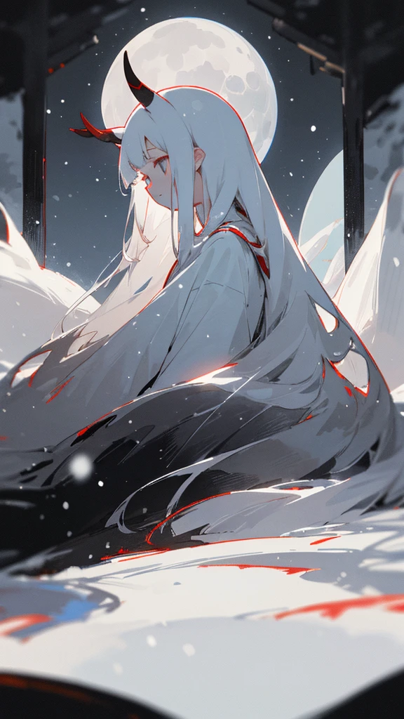 (masterpiece、highest quality)、Warm lighting、 Blurred foreground、Deep in the night、High Contrast,it&#39;s snowing,Black night,full moon,universe,planet,Moon and Earth,Ruined World,Very long white hair,Princess Kaguya,Snow-white long hair,Small horn