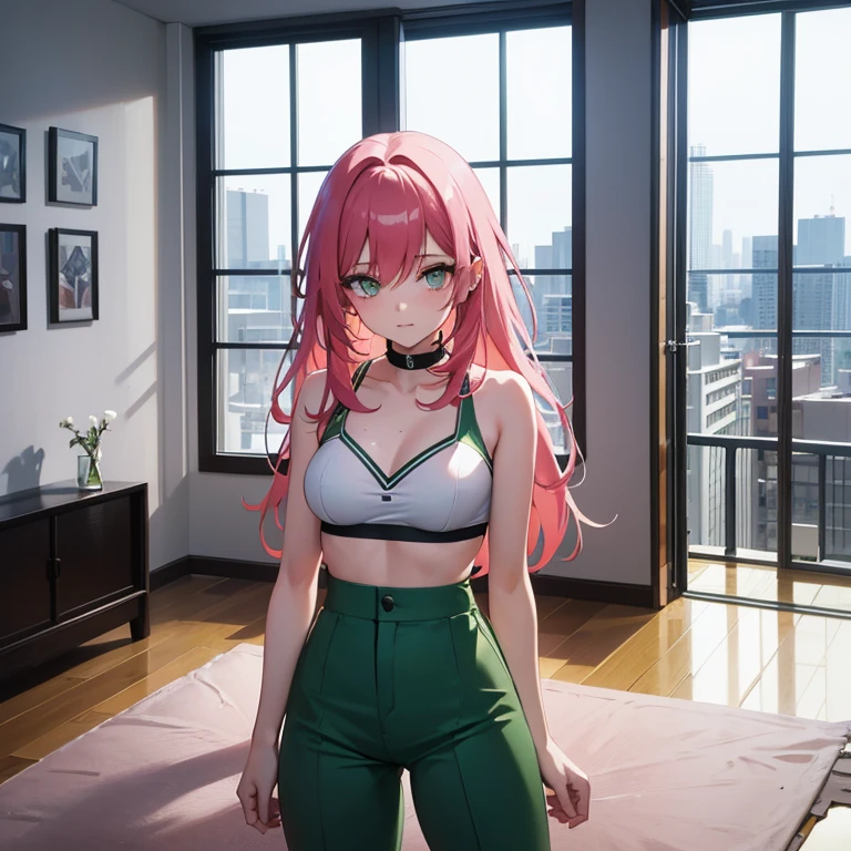 Anime images of a 19-year-old woman who is standing in the living room on the fifth floor of a building while the day is reflected in the windows (Full Shot). She is 169 cm tall, has long light green hair, her eyes are neon pink, she has an enthusiastic expression while she puts her hands on her cheeks, she wears a blue bra, green sports pants with lilac edges and tennis shoes. white