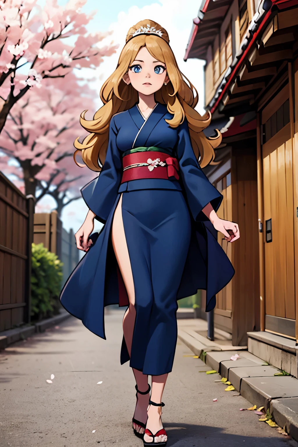 corpo completo,Plan completo,sfw,The princess goddess in the photo of a geisha with big bright blue eyes and long fluffy eyelashes of the European type with a perfect elegant figure and very long fluffy blond hair of bright color is in full growth in the alley against the background of blooming Japanese pink sakura in the color of the kimono bright navy blue and the Japanese shoes take on a bright navy blue color, The lace kimono is intricately patterned with ultra-short, frank cutouts..., Small, protruding breasts are visible through the fabric and in her ears are beautiful earrings with precious navy blue sapphires that sparkle and sparkle in the light.... The ground where it stands is full of cherry blossoms...., the scene is highly artistic, high resolution, sharp focus, Migjorni-V5 artistic style, hiper fotorrealismo, perfect proportions, Golden Ratio Photo, Bengala, contorno, luz do sol, brilho suave, foco suave, Photographic-style soft focus through a Monocle lens.