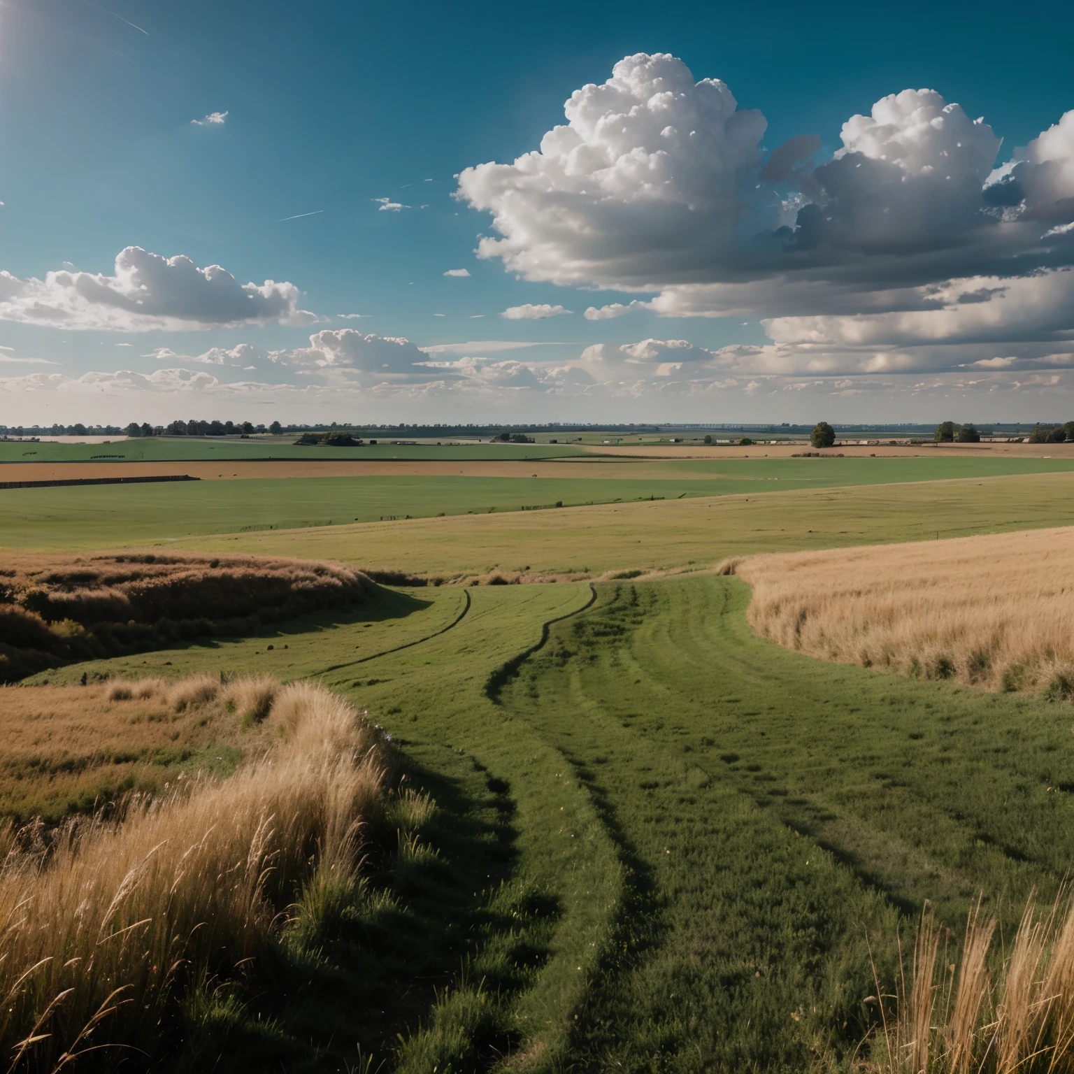 wide endless grass fields with clouds