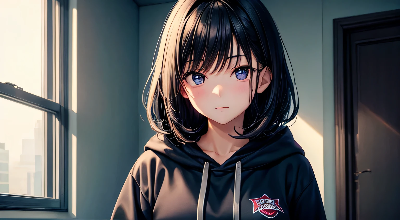 woman Black Hair Berry Short Large hoodie Perfect facial expression Perfect hair description Perfect eye depiction room Studying in the room Night room Dark room Outside the window is a starry sky