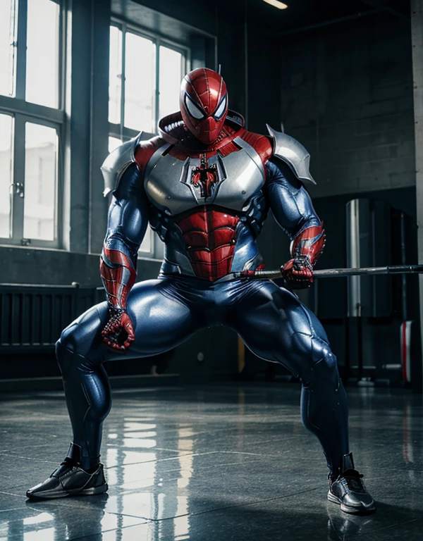 spiderman, holding towel, wear nike shoes. super sturdy, big muscle, mecha silver spider armor. gym as background