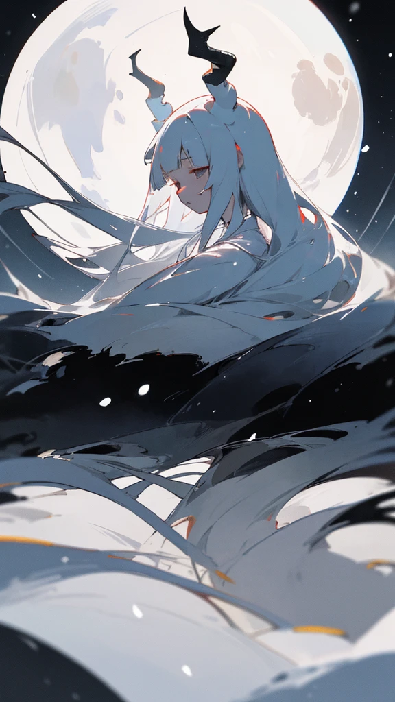(masterpiece、highest quality)、Warm lighting、 Blurred foreground、Deep in the night、High Contrast,it's snowing,Black night,full moon,universe,planet,Moon and Earth,Ruined World,Very long white hair,Princess Kaguya,Snow-white long hair,Very small white horns