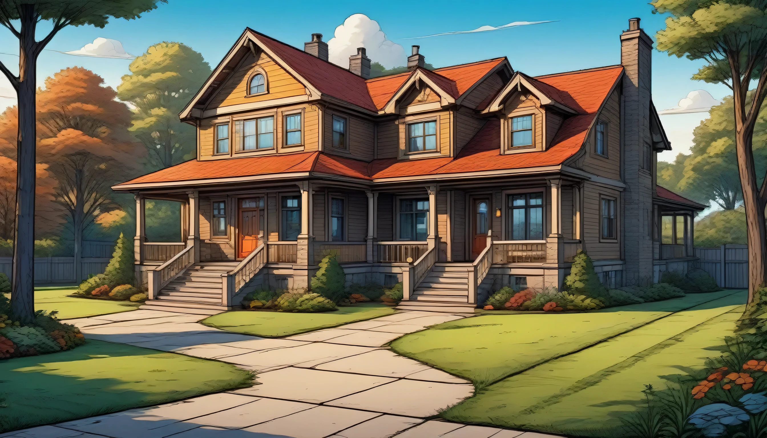 Frontal view of a beautiful family house, single door, looking towards the house, view of the entire house, beautiful house patio in front of the house, path to the backyard on the side. Comic books art style. Masterpiece. Extremely detailed. Crisp lines. Professional art work.