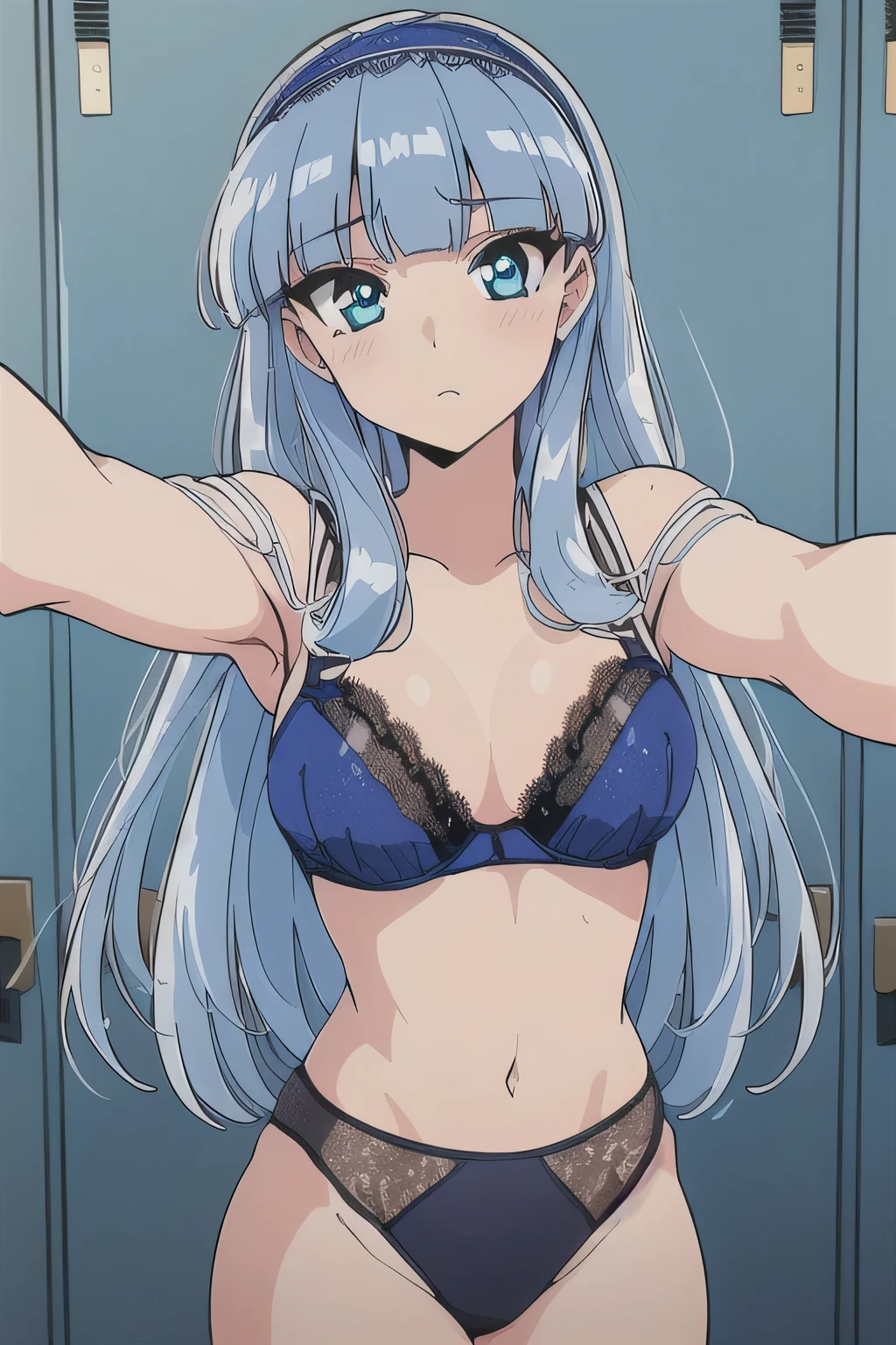 (highest quality:1.3), (masterpiece:1.4),(Anatomically correct), (Complete limbs),(Full Finger),(Accurate fingertips), (Fine details),(8k),About Photorealism, (highest quality), (Awards, Textured skin),(Super Detail),(90s Anime, 90s Anime, 90s Anime Style,( cell shaded anime),One Girl,(Ryuzaki Sea:1.52),hair band,1 Girl Umi Uzaki,nsfw,(((topless))),((Lace Underwear)), White thighs,Take a selfie,locker room,Shyly,blush,Reluctantly,Close your mouth,