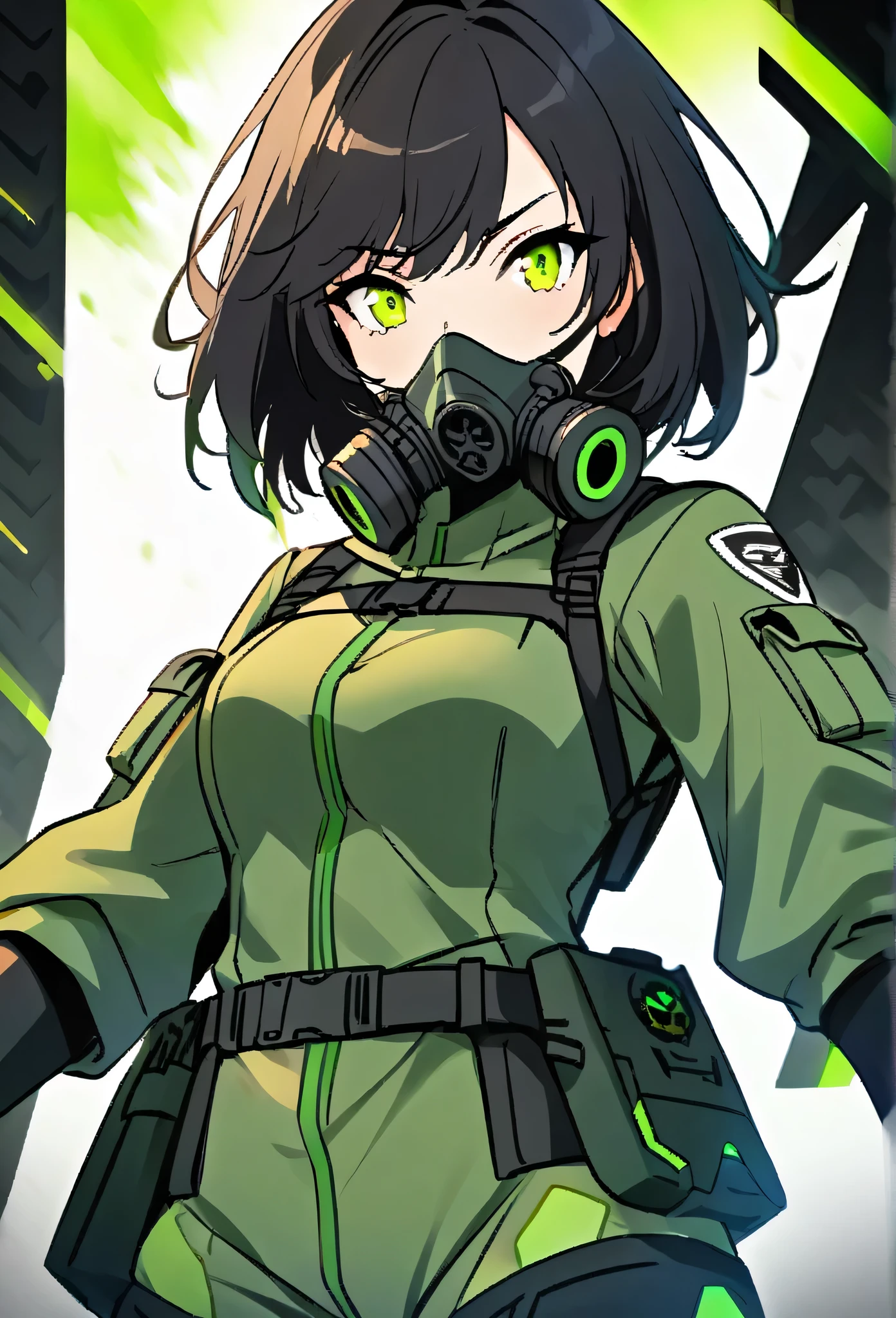 beautiful japanese young woman, extreme detailed, bodysuit, gloves, belt, thigh boots, (valorantViper:1.2), bodysuit, gloves, belt, thigh boots, respirator, looking at viewer, face, portrait, close-up, green, slender, (combat ready stance), (tactical outfit), (solo character), (gaming theme:1.5), short hair, green, (black hair), (milittary gear), (gas mask:0.4), (poisonous green:1.2), (glowing effects),