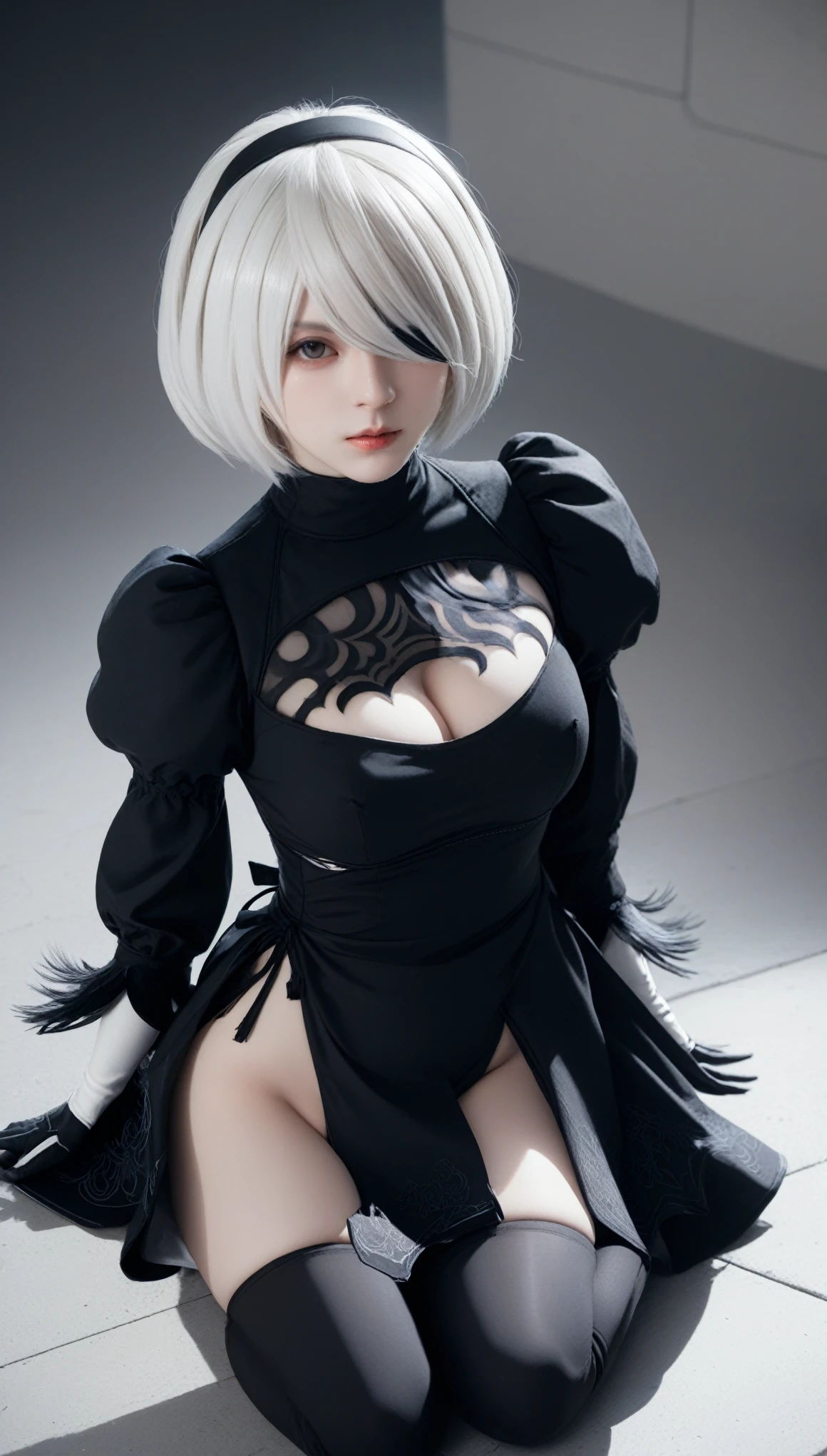 Real Photos、nier:Beautiful cosplay of 2B from Automata、2B、A woman cosplaying as 2B、White skin、tall、Great style、Big Breasts、Small face、High nose、Sharp Eye、Beautiful Face、Beautiful face、Age 25、British women、Half British、nier:2B&#39;s black costume from Automata、Stylish background、Light background、Blur the background、Fantasyな都市を背景に、reach out to your audience、Shooting from a diagonal angle、masterpiece、highest quality、high resolution、Cosplayer Photos、Professional Photoodel、Fantasy、Glaring at the audience、Angry expression、Cosplay makeup style、Real Cosplay Photo、Cool and beautiful photos、Portrait、Wrapped in a pale white glow、good looking