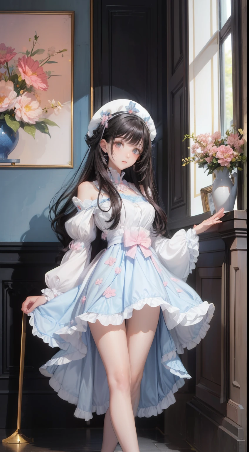 A woman wearing a light blue knee-length floral summer dress, elegant, Flat Heel Shoes, , Adult face, Slightly wavy hair, ((Black Hair)) Shine, Bright black eyes, Big Breasts、Toned figure、Soft pink lips, Black Hair、Long Hair, Second dimension beautiful girl、sexy look、smile、Perfect Proportions、The cutest in the world