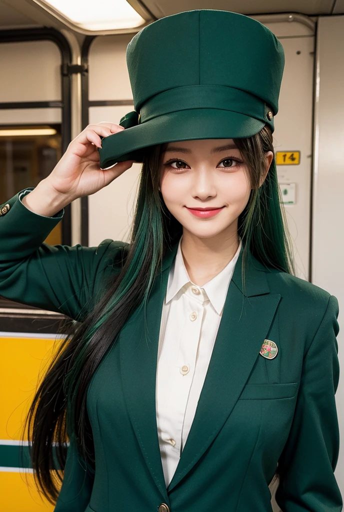 1woman, long hair, green hair, smile, train conductor uniform suit, Japanese train conductor, conductor hat in head,