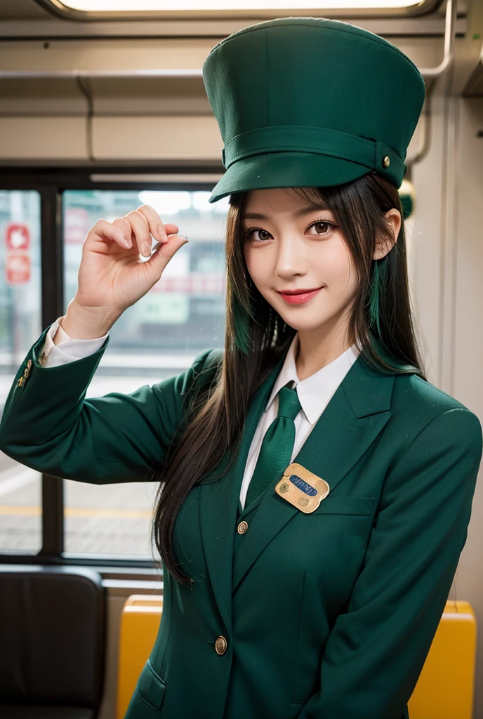 1woman, long hair, green hair, smile, train conductor uniform suit, Japanese train conductor, conductor hat in head,
