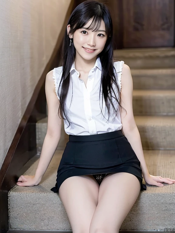 Tabletop, highest quality, 8k, office lady、Mayu Watanabe、Award-winning portraits, smile, alone,  Digital single-lens reflex camera, Looking at the audience, Thin arms, whole body、AKB48 Costume、Professional Lighting ,{{Sit on the stairs}}, Black-haired , Ultra mini skirt、panties、Lift your legs