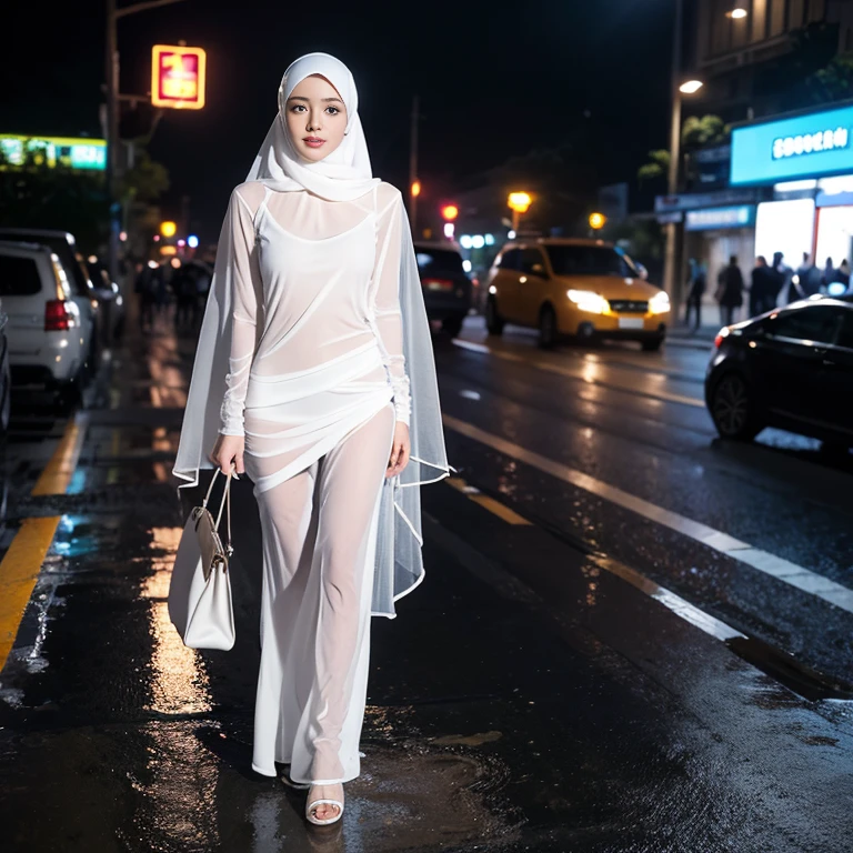 Young beautiful sweet sundanese Bogor city girl, 25 years old, slim body, georgeus face, no underwear, wearing wet white thin hijab, all her hairs covered under her hijab, wearing wet white thin see through very transparent buttoned dress, wearing wet white thin strict see through very transparent trousers, standing shivering very limp as being having sex in the hard rain on the Bogor city street side walk, rain drop visible, water flowing down through all the thing, dense hairy very wet vagina exposed visible through her trousers, enjoying being having sex orgasm redish face, open wide mouth, head being limp backwards,
being take a deep breath hardly through her mouth, half closed eyes, her eyeballs turn upwards, one of her touching her crotch, realistic normal fingers, wearing wet glasses, wearing expencive high heels, carrying a expencive hand bag,