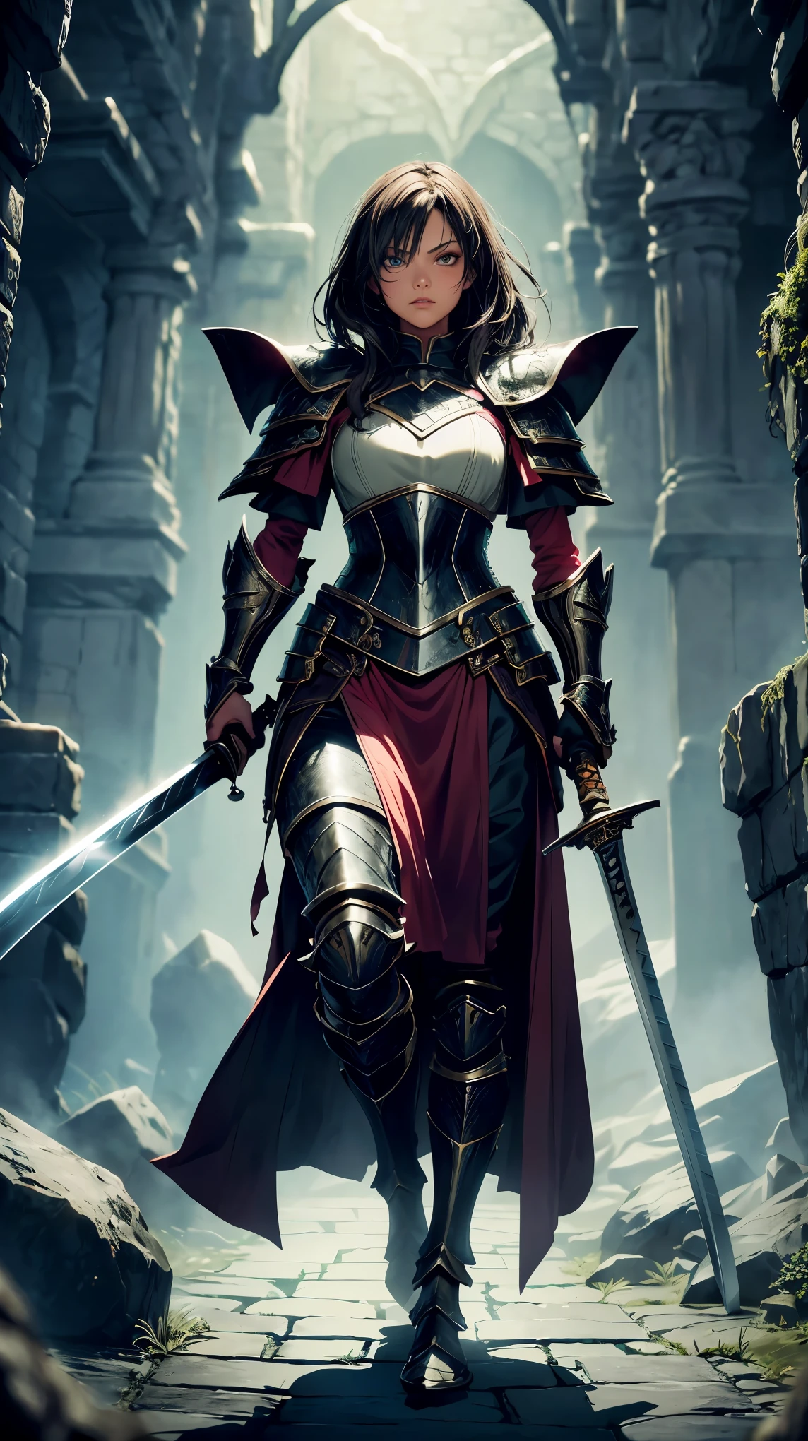 (8k, RAW Photos, 最high quality, masterpiece:1.2), High-quality RAW color photos, Professional photo shoot, Cinematic Light, RPG Design, Dark fantasy graphics, Humanoid Monster, Warrior, ((Full Body Shot)), (((Swordsman))), Woman in Armor, A woman in armor holding a large sword and a large shield., Swinging a sword, Coming to the viewer, attack action, Fantasy art, ((Underground dungeon background, Stone Dungeon)), Dim lighting, Film Grain, Background blur, high quality, Surreal, ((Very detailed, photo shoot)),