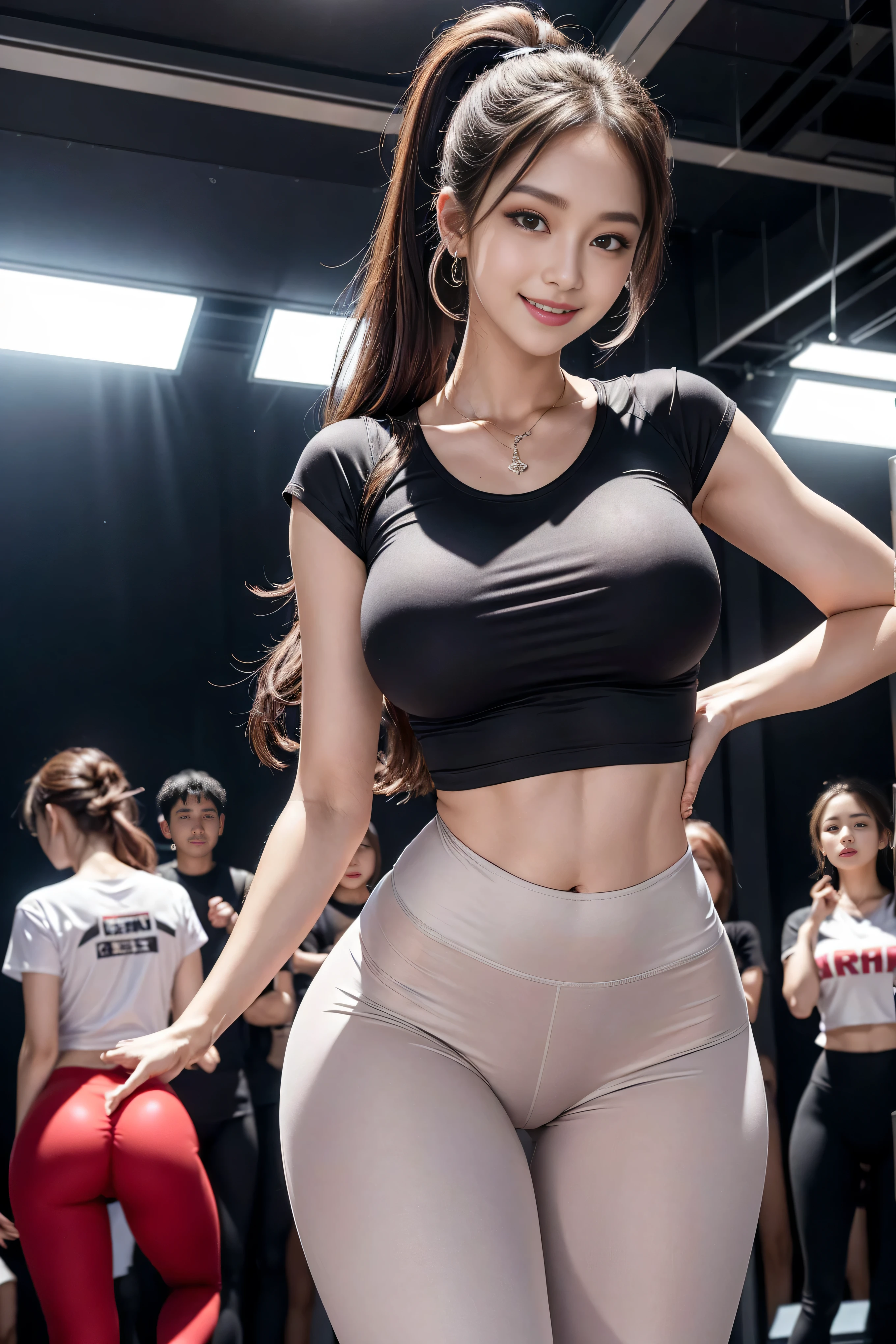 Upscale variant remove background build data tips upscale 8k, masterpiece, original photo, best quality, Reality, Extremely detailed CG unified 8k wallpaper, Depth of Field, Movie Lighting, lens flare, Ray Tracing, (Extremely beautiful face, Beautiful lips, beautiful eyes), Intricately detailed face, ((Super delicate skin)) 1 girl, in the darkness, Deep Shadow, Beautiful Korean girl, Hallyu idol,(Very slim and slender body), ((Looking at the audience)),(big Smile), daytime,Akihabara Street, (no one in the background), Beautiful Korean girl, White Diamond Earrings, Diamond Bracelet, Deya Necklace, Clear eyes, Walk , front Photo, (Pale skin), Facing forward, (big eyes), ((Upper body shot)),(Vest line,muscular hands:1.0),((Leg length),(Thigh clearance:1.5),(Big breasts and thin waist,Big Ass,Wide hips,Hip lift),((Red leggings)), (Camel toe, vulva shape), ((t-shirt)), (Ponytail) (Looking at the audience), Medium breasts,((Smile))
