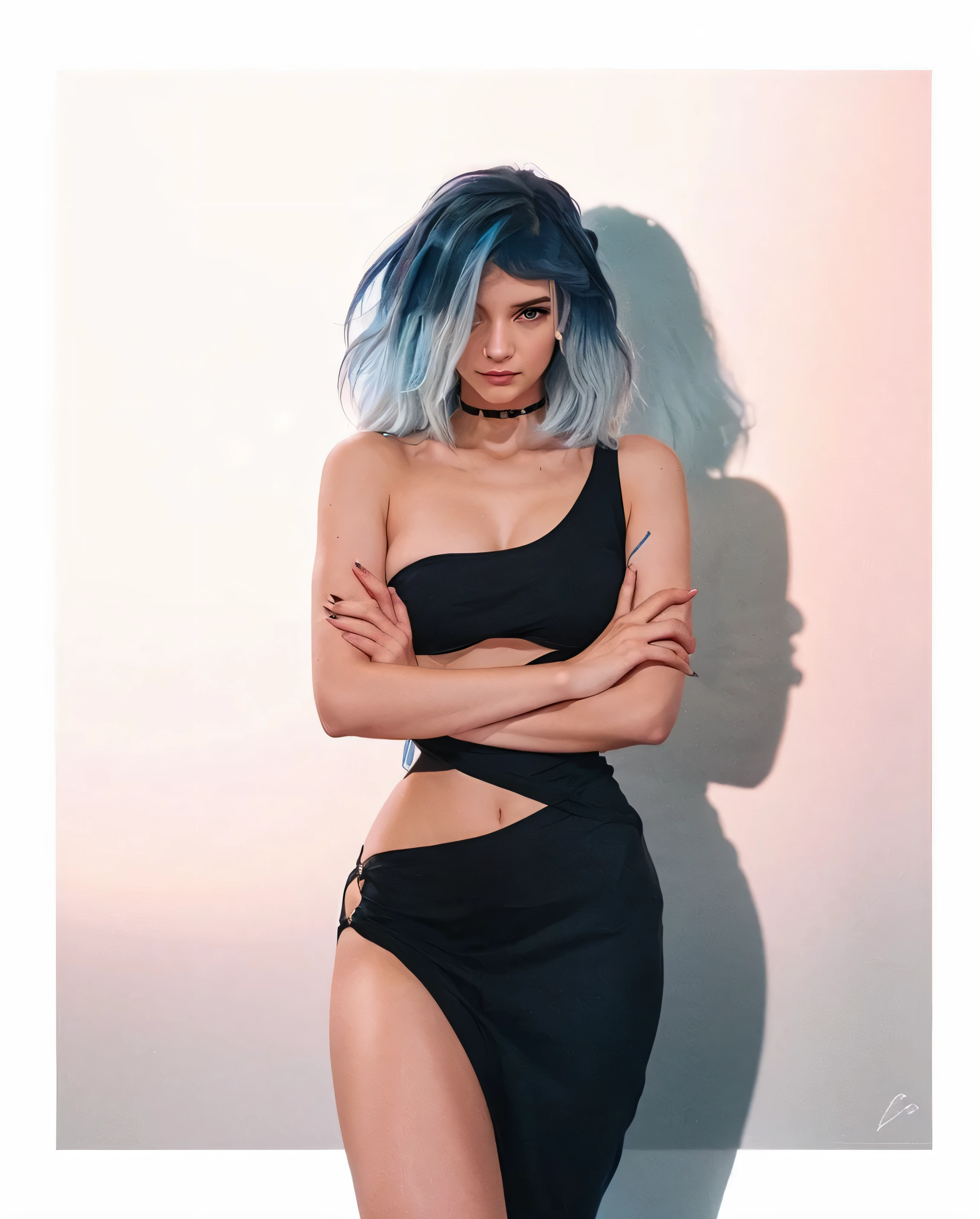 mujer, Strong light blue hair and look towards the camera
