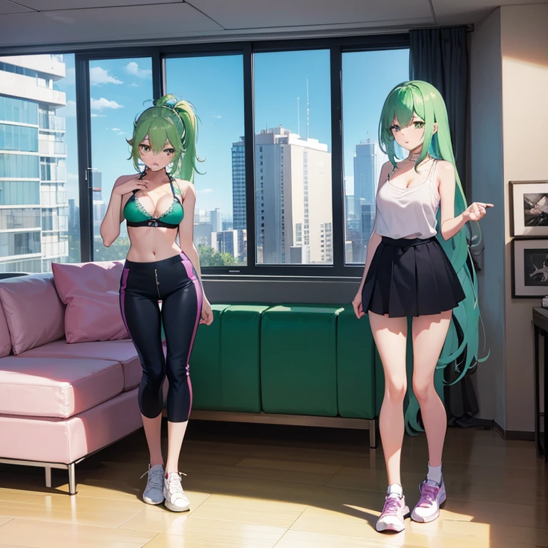 Anime images of a 19-year-old woman who is standing in the living room on the fifth floor of a building while the day is reflected in the windows (Full Shot). She is 169 cm tall, has long light green hair, her eyes are neon pink, she has an enthusiastic expression while she puts her hands on her cheeks, she wears a blue bra, green sports pants with lilac edges and tennis shoes. white