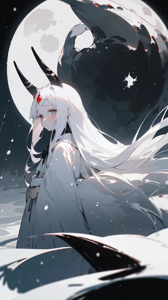 (masterpiece、highest quality)、Warm lighting、 Blurred foreground、Deep in the night、High Contrast,it's snowing,Black night,full moon,universe,planet,Moon and Earth,Ruined World,Very long white hair,Princess Kaguya,Snow-white long hair,Very small white horn-like hairs
