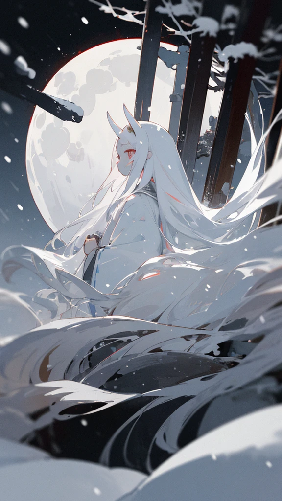 (masterpiece、highest quality)、Warm lighting、 Blurred foreground、Deep in the night、High Contrast,it's snowing,Black night,full moon,universe,planet,Moon and Earth,Ruined World,Very long white hair,Princess Kaguya,Snow-white long hair,Very small white horn-like hairs