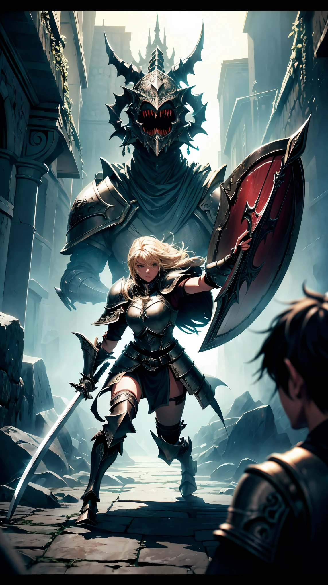 (8k, RAW Photos, 最high quality, masterpiece:1.2), High-quality RAW color photos, Professional photo shoot, Cinematic Light, RPG Design, Dark fantasy graphics, Humanoid Monster, Warrior, ((Full Body Shot)), (((Swordsman))), Woman in Armor, A woman in armor holding a large sword and a large shield., Swinging a sword, Coming to the viewer, attack action, Fantasy art, ((Underground dungeon background, Stone Dungeon)), Dim lighting, Film Grain, Background blur, high quality, Surreal, ((Very detailed, photo shoot)),