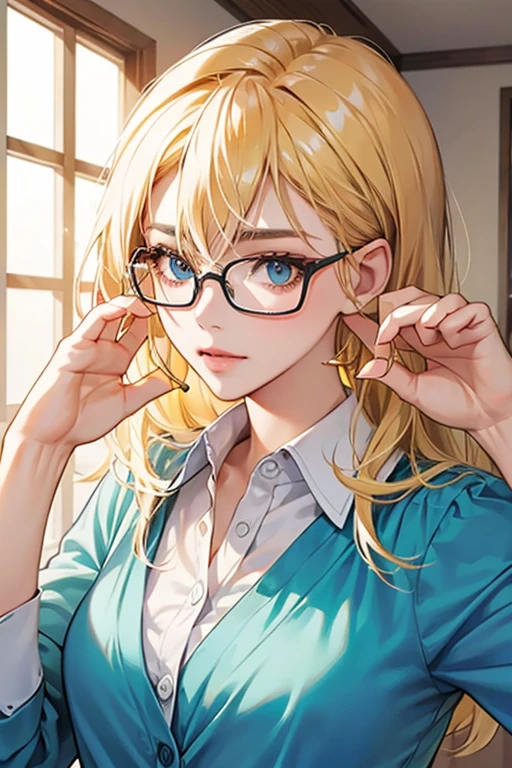 she has blonde hair and eyeglasses.
