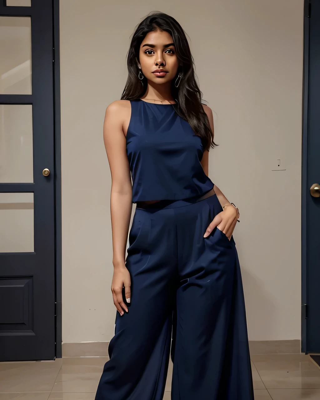 Indian girl with short lob hair, short hair, full length,black background, black wall in the background,Hyperrealism, natural skin, detailed, photorealisic, white salwar