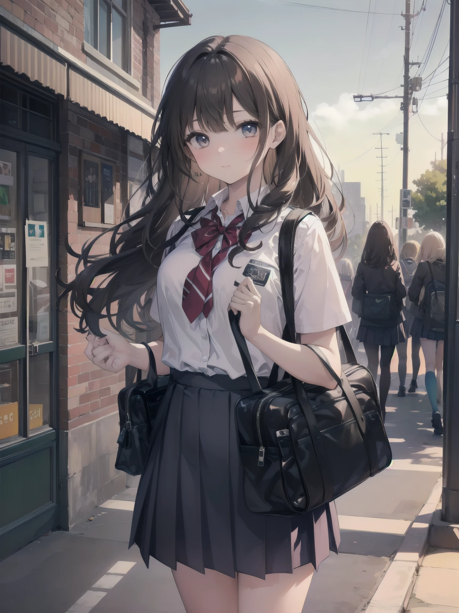 Masterpiece, top quality, super detailed, 16k,
One girl, spring, high school, warm colors, school bag, accurate and highly detailed background, flock of schoolgirls in uniforms of various body shapes and hairstyles, cute.
Blake.
A beautiful girl with wavy crimson hair. she is very well developed