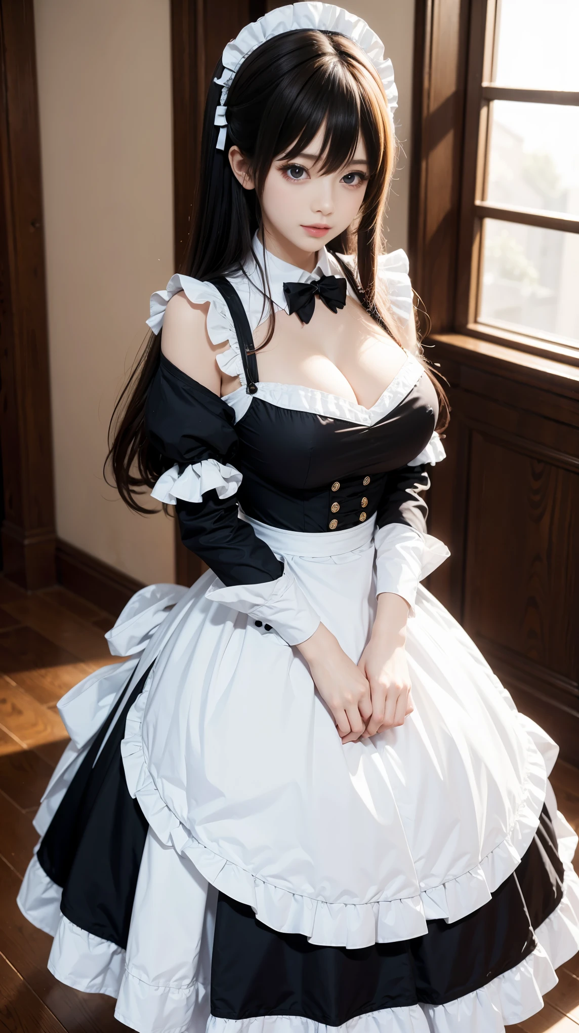 masterpiece, highest quality, High resolution,, Super vivid，Hyper Quality，8k, Real，One girl, Large Breasts,(1.6)，Maid clothes, 