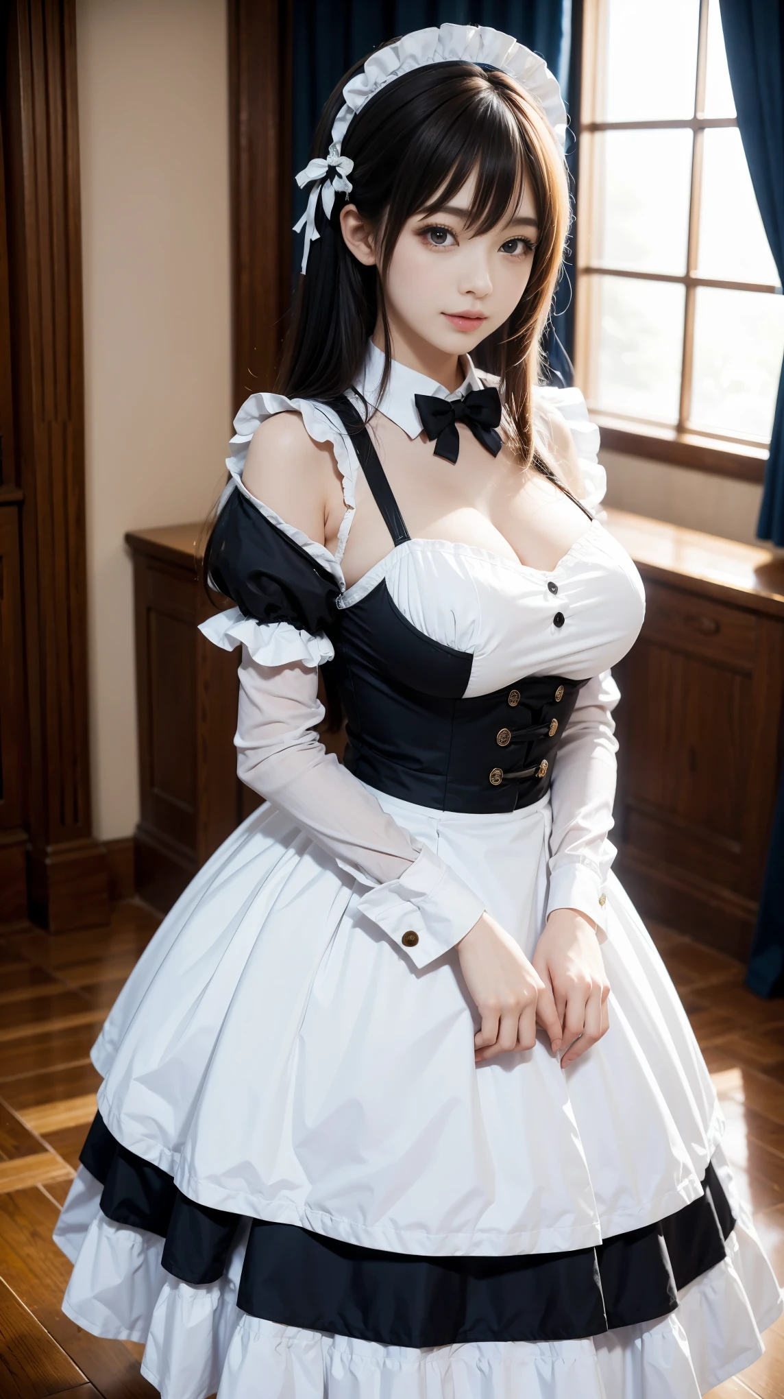 masterpiece, highest quality, High resolution,, Super vivid，Hyper Quality，8k, Real，One girl, Large Breasts,(1.6)，Maid clothes, 