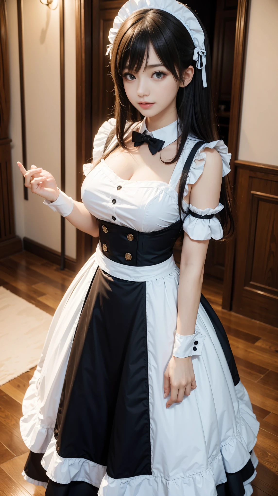 masterpiece, highest quality, High resolution,, Super vivid，Hyper Quality，8k, Real，One girl, Large Breasts,(1.6)，Maid clothes, 