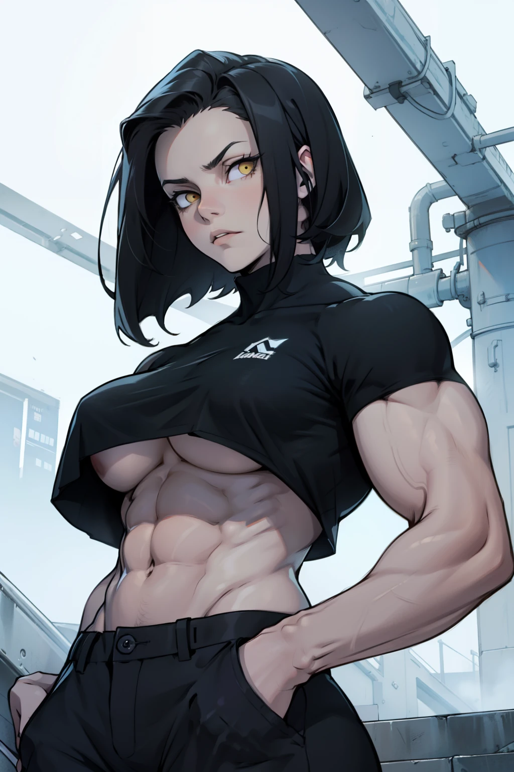 busty muscular girl black hair yellow eyes pale skin looking down looking down looking at viewer