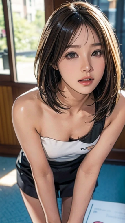 ((8k,RAW Photos,highest quality,masterpiece),HD RAW Color Photos,(Realistic,Realistic:1.37),(highest quality),(Best Shadow),(Best Illustration),clavicle((big)),((Ultra-high resolution,High quality CG unity 8k wallpapers,Physically Based Rendering,Cinema Lighting),,(((Completely naked(1.9)、All Nude(1.9)))), No clothes(1.6), ((Thin pubic hair(1.6)、Less hair(1.6))), (((Her full body image(1.9)))),,Elementary school classroom, Beautiful and detailed,Light on the face,((Full Body Shot:1.2)),Especially bright light,Glowing Skin,(((Brunette color hair,short hair:1.2))),(Thick Tight),Ulzzang-6500-v1.1:0.2,I'shy,(flashlight:1.2),Browsing Caution,((Seductive pose:1.2)),((Excellent anatomy:1.2)),((Bright and refreshing classrooms,The background is blurred: 1.2)),Perfect Face,Cute face