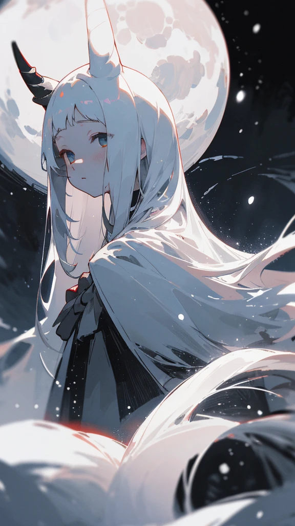 (masterpiece、highest quality)、Warm lighting、 Blurred foreground、Deep in the night、High Contrast,it's snowing,Black night,full moon,universe,planet,Moon and Earth,Ruined World,Very long white hair,Princess Kaguya,Snow-white long hair,Very small white horn-like hairs,Looking at me