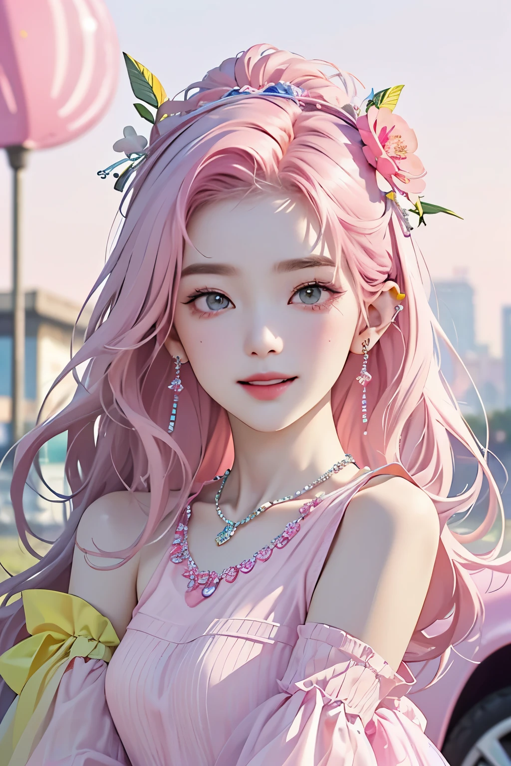 (highly detailed body、more detailed face、best quality:1.2)、not、Looking at the viewers、(Gorgeous hair color、sixteen years old、30 flowers in headdress。large shoulder length piercings、necklace、smile、blue and yellow, See-through clothes in pink and vertical stripes)、(Pink candy car flying in the background:1.4)