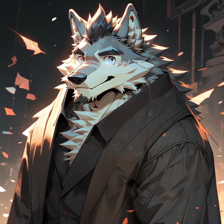 obra maestra, La mejor calidad en el mejor de los casoacho peludo, 1 chicos, pubis peludo, enfoque masculino, solo, oreja de animal, formal, orejas de lobo, wolf boy, smile,piel blanca,pelaje gris,piel blanca,piel de dos tonos,Black El ojo,sin ropa alguna,cejas gruesas,coda,Look at the camera,cuerpo completoesbiano,orejas gris