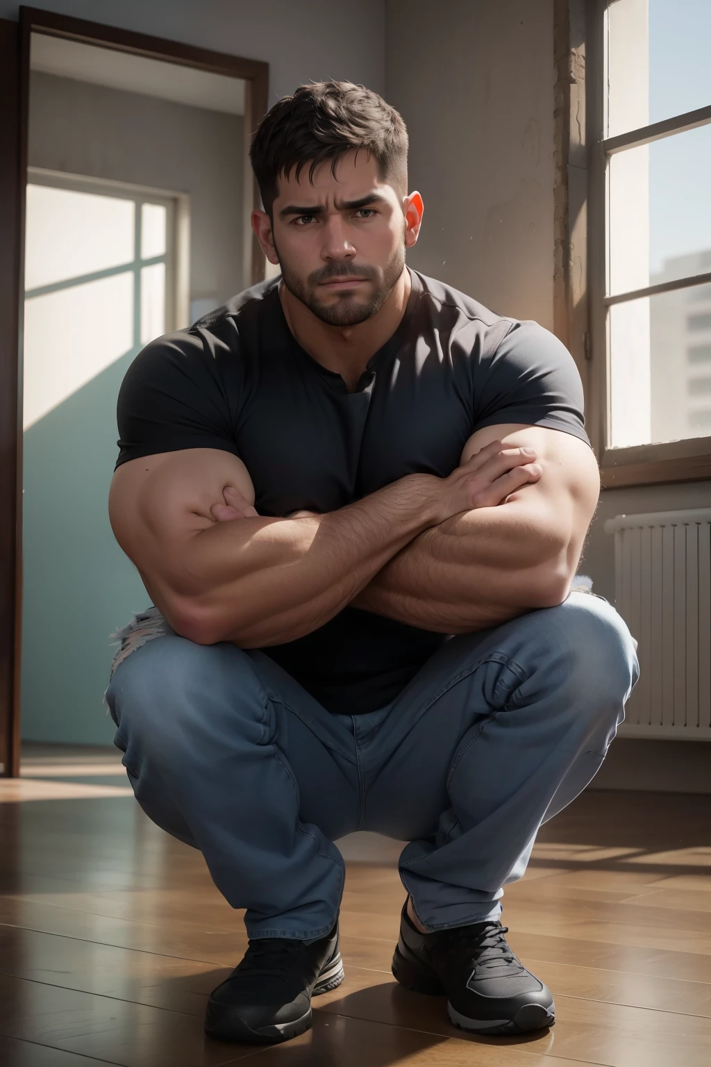 full view full body, one handsome white shirtless massive beefy brutish white bodybuilder with short light-brown undercut hair, thick rounded muscular thighs, buzz cut, tight jeans, white socks and black doc martens tassel loafers, silver rings, original cute face with no facials, cheekbones prominent, looking at window, on an armchair, chilling pose, home environment, bright lighting, high definition image, professional photography, (((well drawn hands, well drawn legs)))