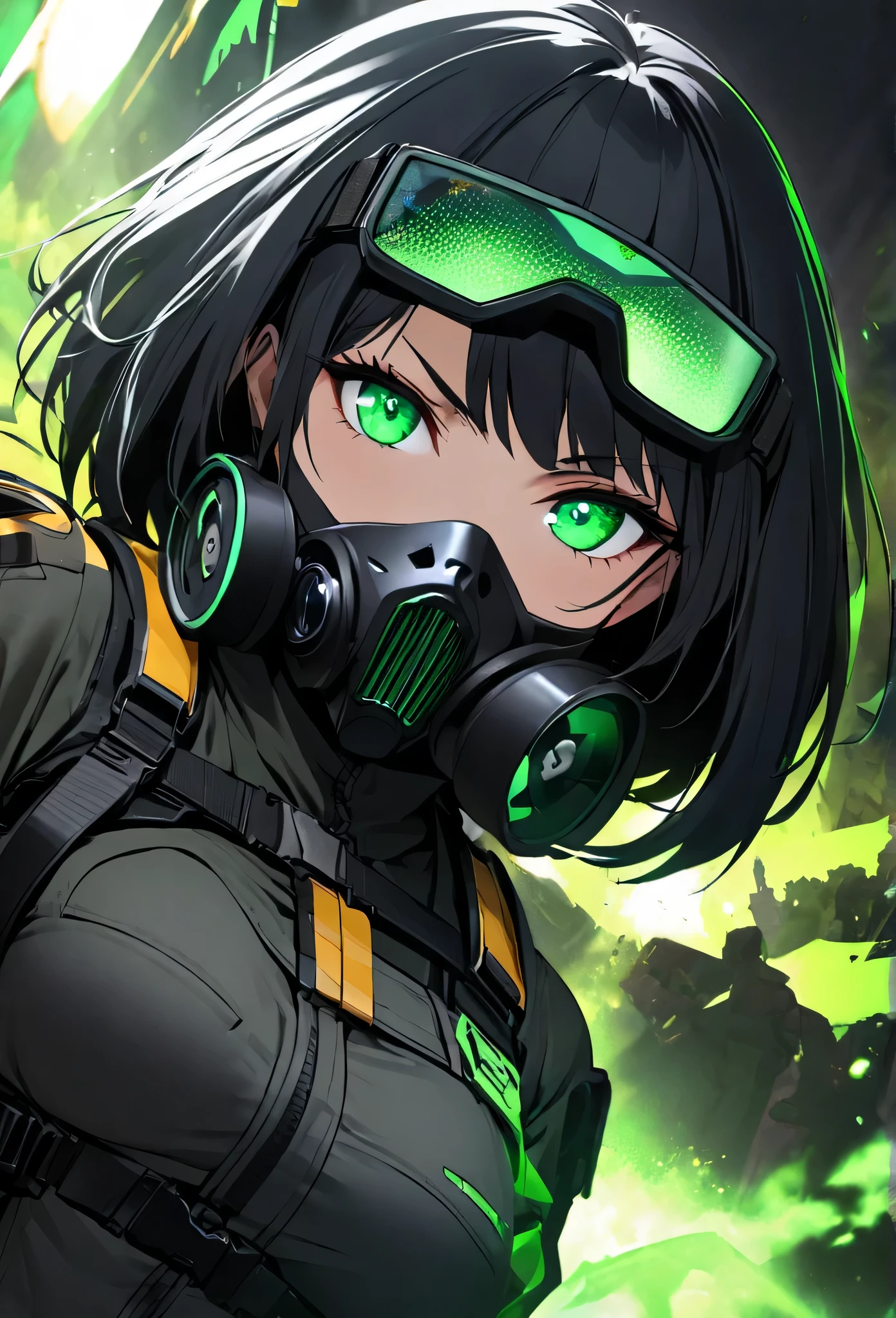beautiful japanese young woman, extreme detailed, bodysuit, gloves, belt, thigh boots, (valorantViper:1.2), bodysuit, gloves, belt, thigh boots, respirator, looking at viewer, face, portrait, close-up, green, slender, (combat ready stance), (tactical outfit), (solo character), (gaming theme:1.5), short hair, green, (black hair), (milittary gear), (gas mask:0.4), (poisonous green:1.2), (glowing effects),