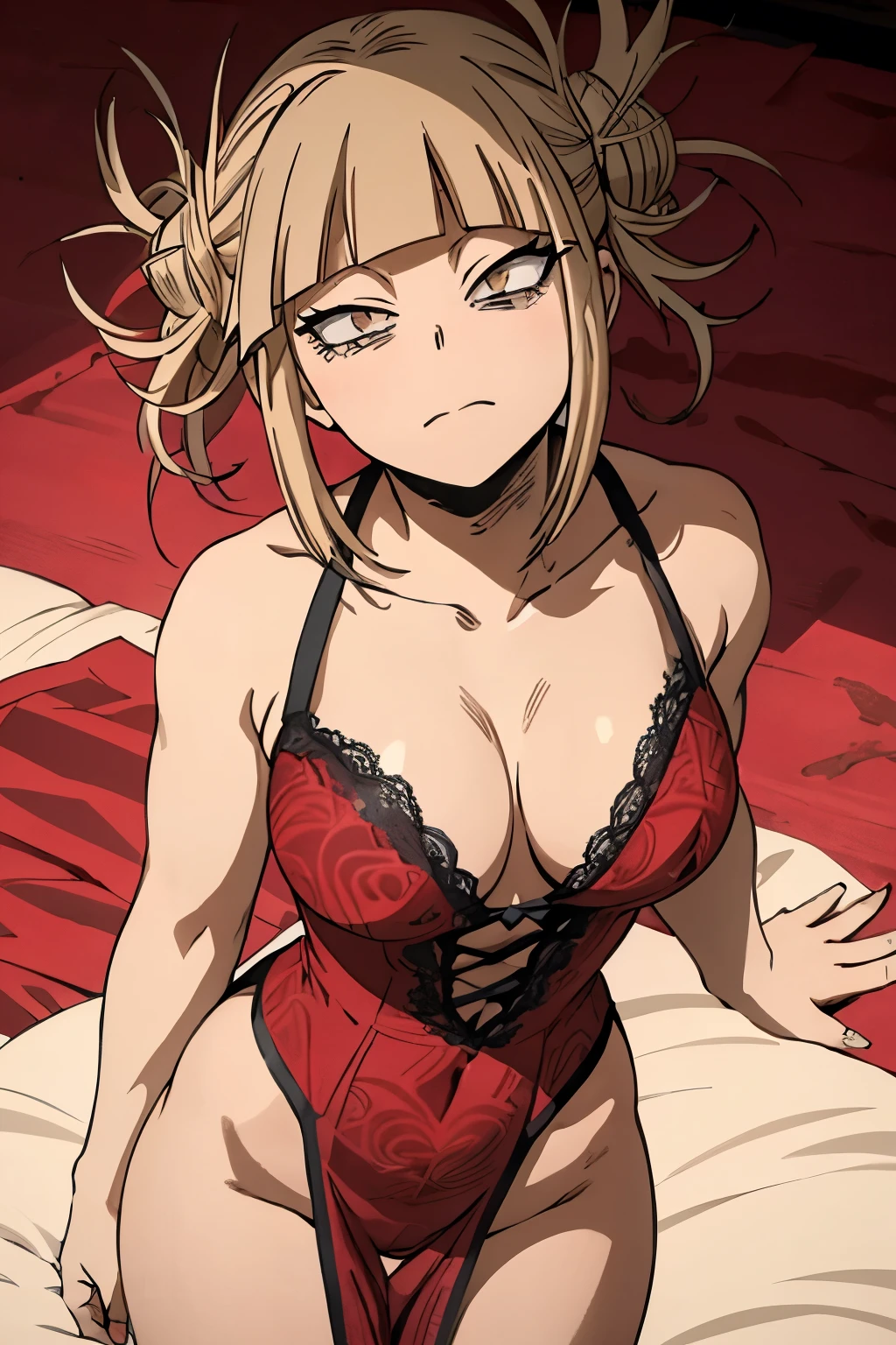 (Himiko Toga from Boku no Hero Academia) is featured in this stunning work of art. Her body stands out against the vibrant red background, showing off every curve and contour perfectly. She wears a daringly revealing dress that accentuates her generous breasts, leaving little to the imagination. The fabric of the piece is expertly crafted with intricate patterns like lace and ribbon, adding texture and allure to the overall composition. It's evident how skilled the artist is at capturing raw sensuality on canvas."