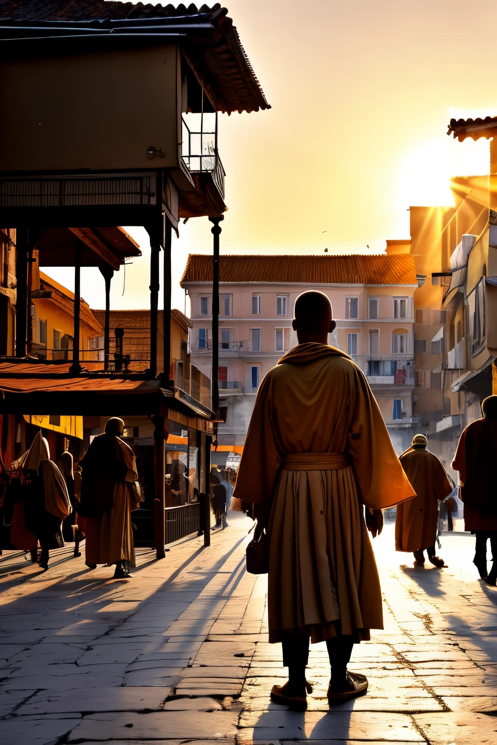 In a bustling town square bathed in the golden hues of the afternoon sun, a Franciscan friar named Brother Gabriel stands atop a weathered wooden platform, his robes billowing gently in the breeze. The square is filled with the vibrant energy of merchants haggling over prices and children playing in the streets, yet Brother Gabriel's impassioned pleas go unheard, as the noise of the marketplace drowns out his voice.
Captured with a DSLR camera, this photograph utilizes a standard lens to convey the realism of the scene and the sense of isolation felt by Brother Gabriel. The golden hour lighting bathes the square in a warm, inviting glow