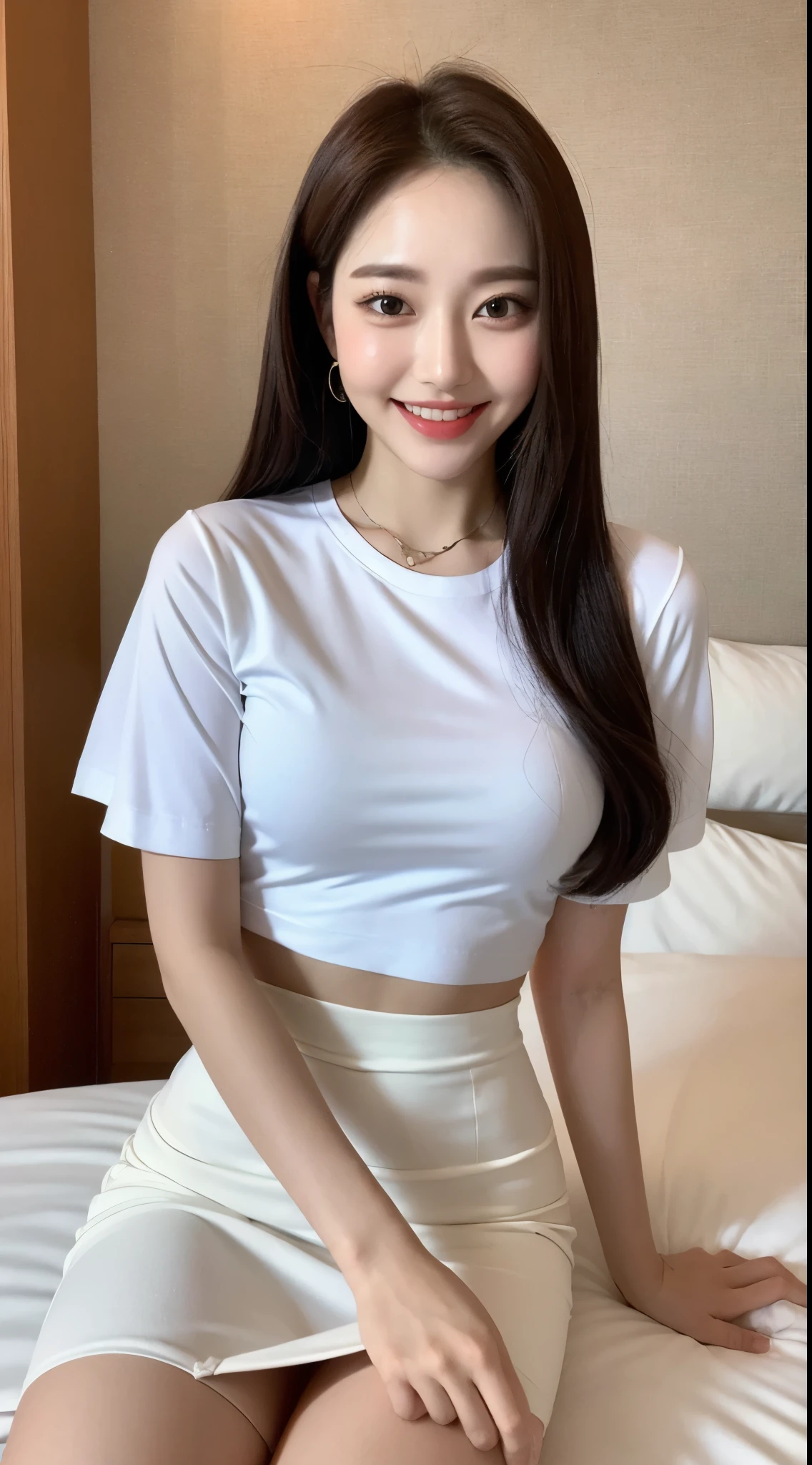 White tight shirt、White tight mini skirt、bed、smile、Short sleeve、high resolution、Korean idol face、double eyelid、White teeth