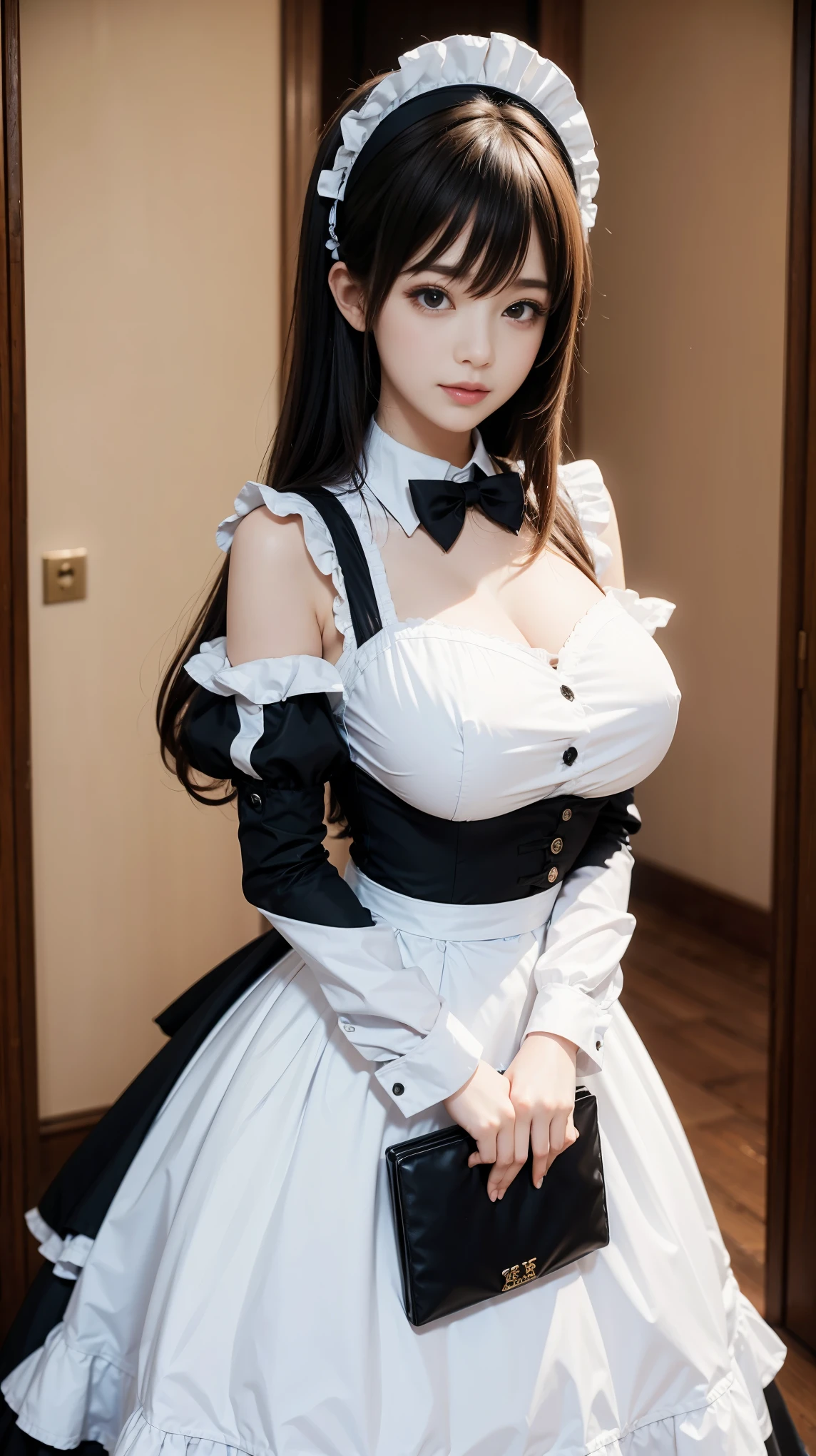 masterpiece, highest quality, High resolution,, Super vivid，Hyper Quality，8k, Real，One girl, Large Breasts,(1.6)，Maid clothes, 