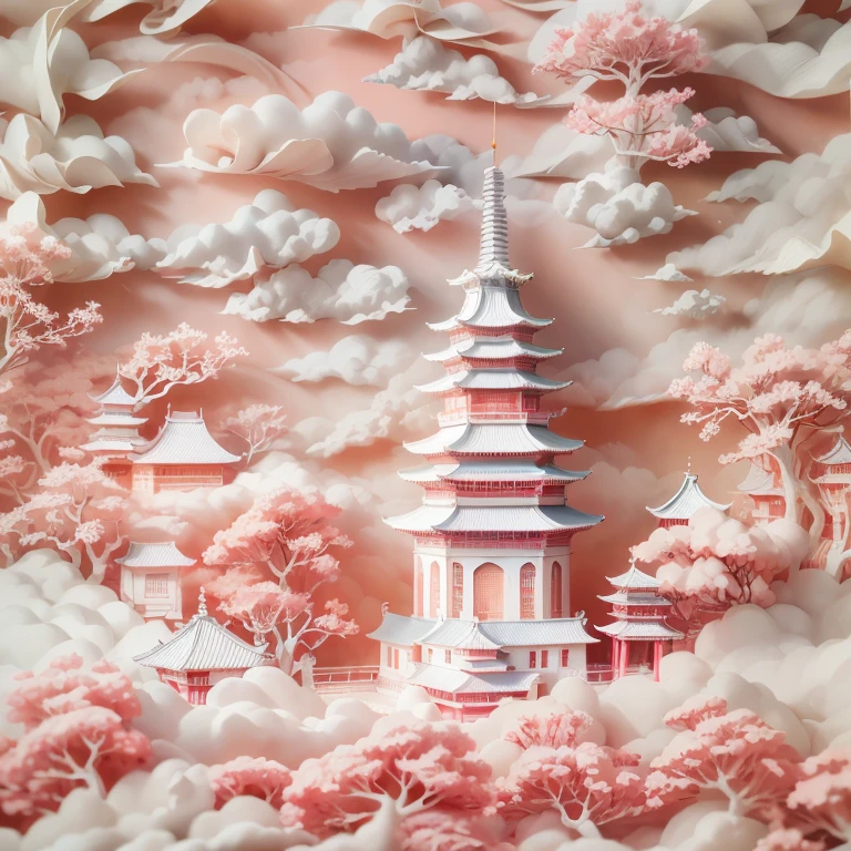 There is a beautiful pink and white landscape photo, Pagoda Figures, Popular Japanese 3D Ultra Detailed, Asian Ultra Detailed, Japanese 3D 8K Ultra Detailed, Dreamy Chinatown, Beautiful digital art work, Pink Zen Style, Highly detailed digital artwork, Chinese scenery, Beautiful rendering of the Tang Dynasty, Oriental Wallpaper, Korean Artist