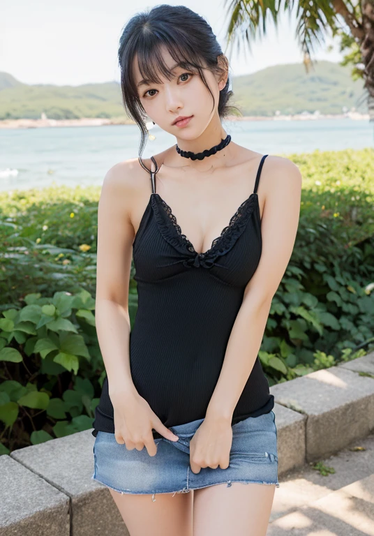 high quality,Accurate, charm,young woman, 日本のyoung woman、Thin lips, Black curly hair, look forward to, Cute mini dress that shows off cleavage, beautiful, Thigh-high loafers, Dangling earrings,Choker Necklace, Evening beach, sunlight,viewing angle、(Peeしたい,Pee:1.4)、(Small breasts:1.5),(front、Chest、Forward bendingみ:1.7)、(落ちているPicking up things体勢、Picking up things:1.5),Well-groomed、balanced body、cute、beauty、(Forward bending、Touching the toes)